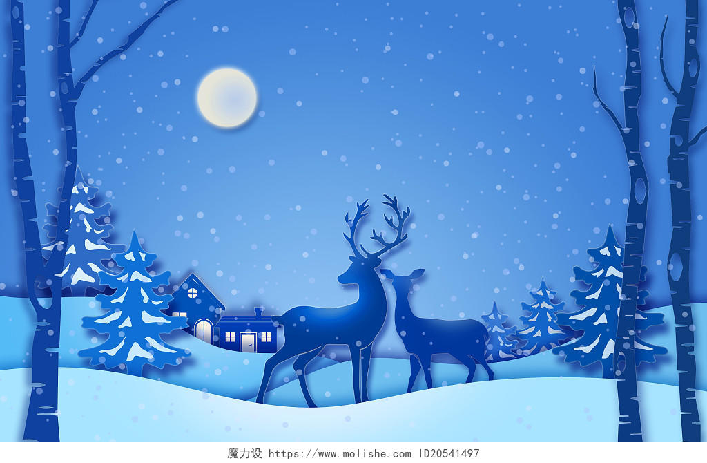 蓝色冬天夜晚森林鹿剪纸背景插画大雪背景